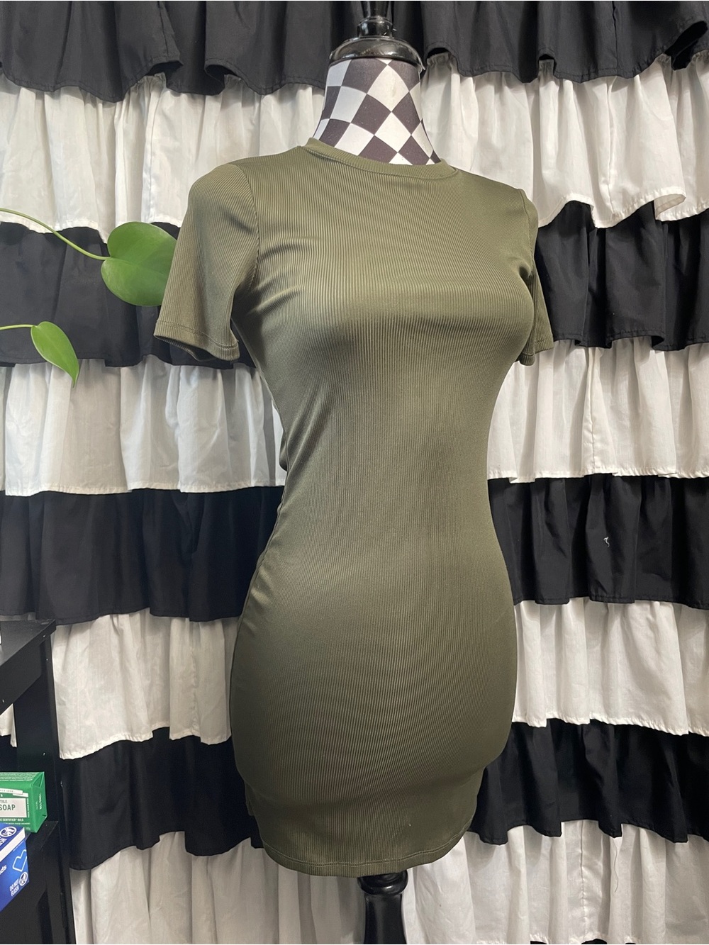 Forever 21 Olive Ribbed Short-Sleeve Bodycon Mini Dress